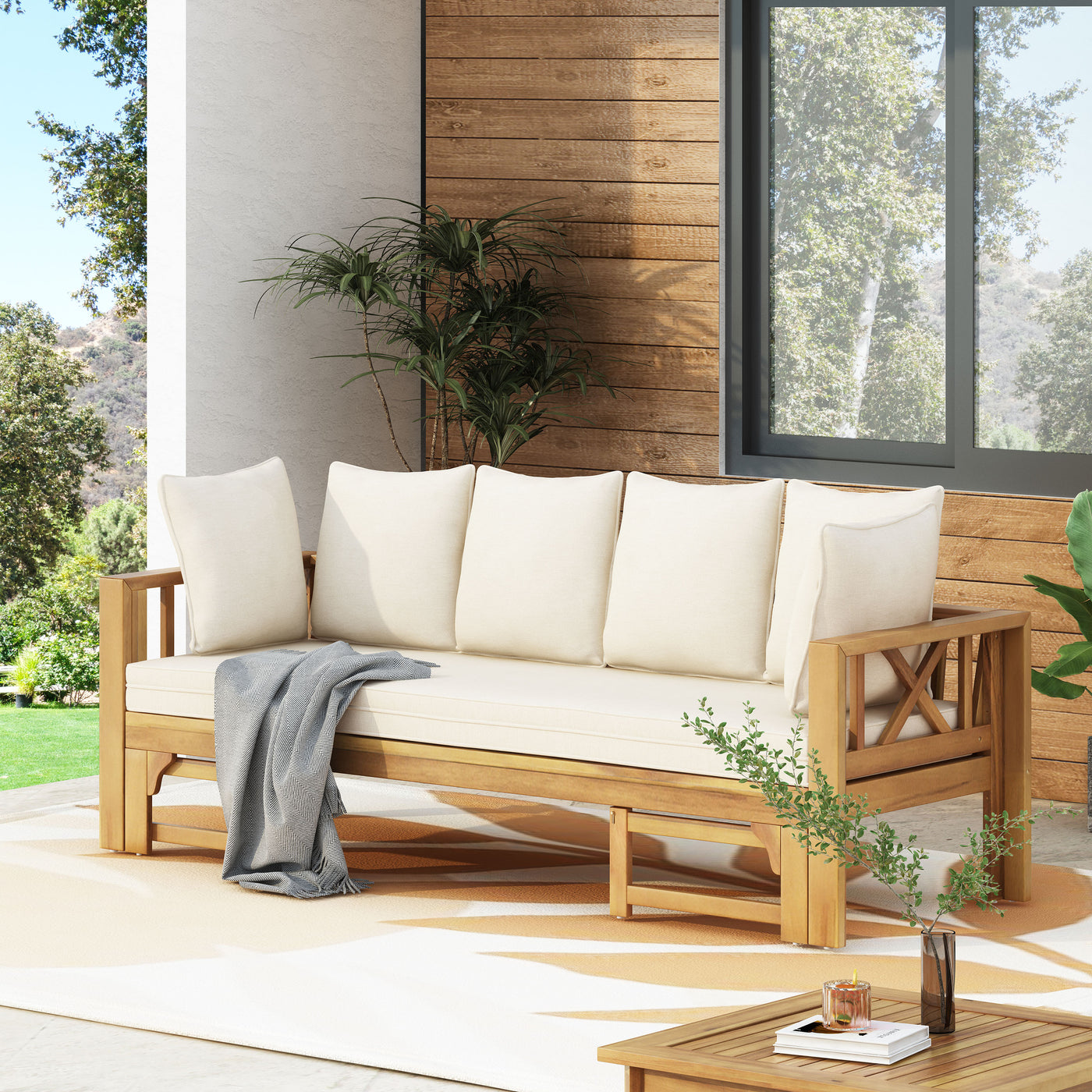 Acacia Wood 3 Seater Outdoor Sofa with Cushions