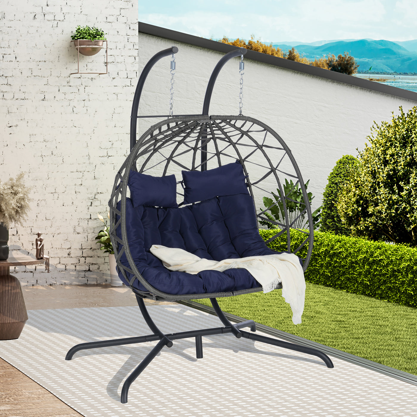 Hanging Egg Chair with Stand Wicker Rattan UV Resistant 600 lbs