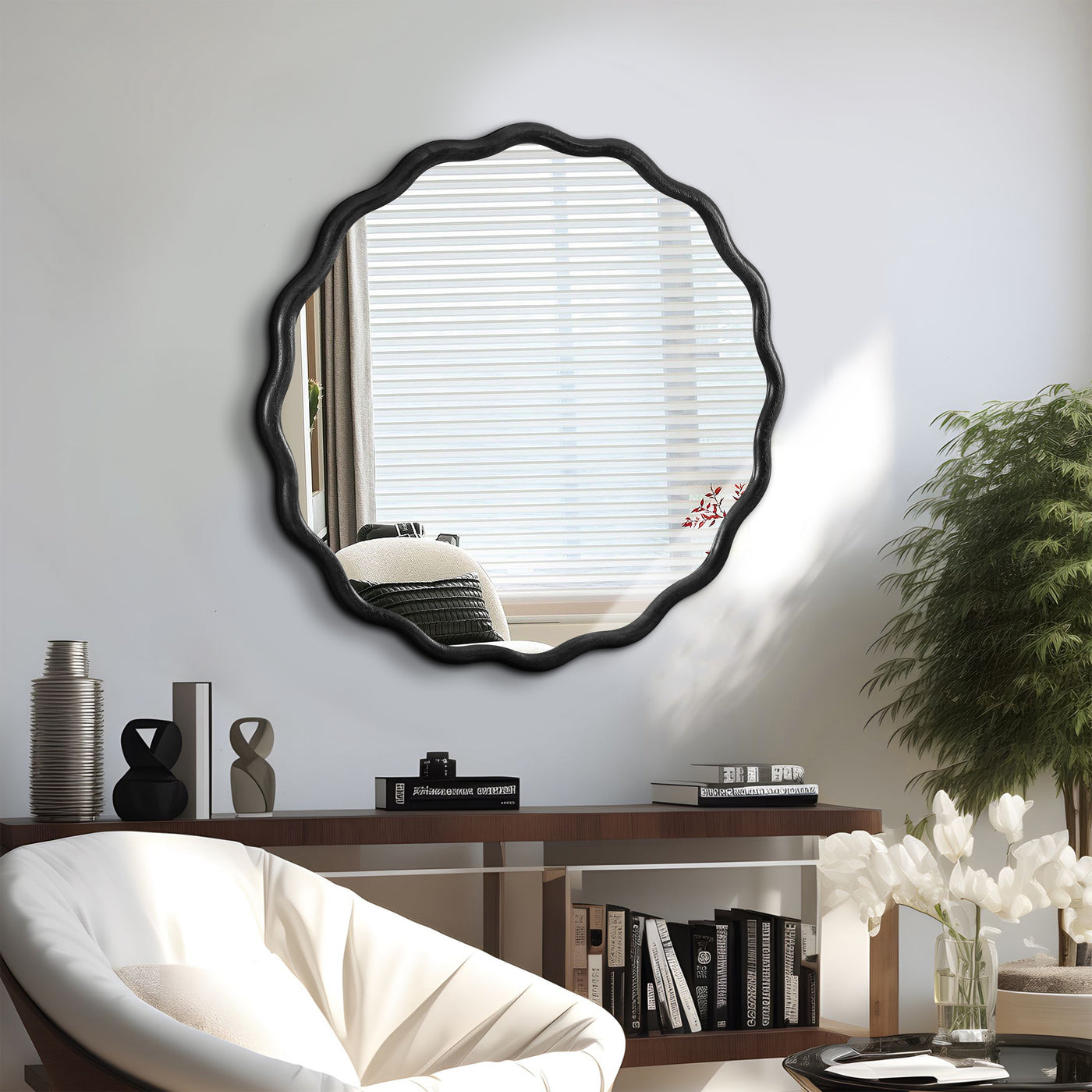 Solid Wood Wavy Black Mirror Wall Decor 31" x 31