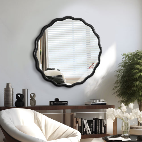 Solid Wood Wavy Black Mirror Wall Decor 31" x 31