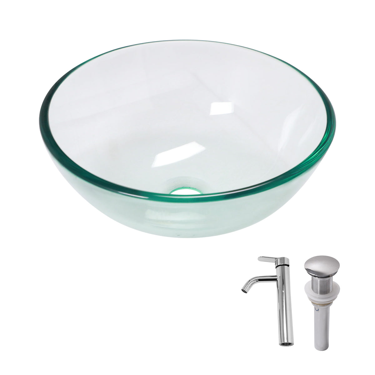 Artistic Tempered Glass Vessel Sink with Chrome Faucet and Pop-up Drain, Clear,