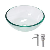 Artistic Tempered Glass Vessel Sink with Chrome Faucet and Pop-up Drain, Clear,