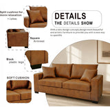 Light Brown Foil Fabric Two-Seater Sofa with Throw Pillows, Wood and Fabric Construction, 69-Inch Compact Design