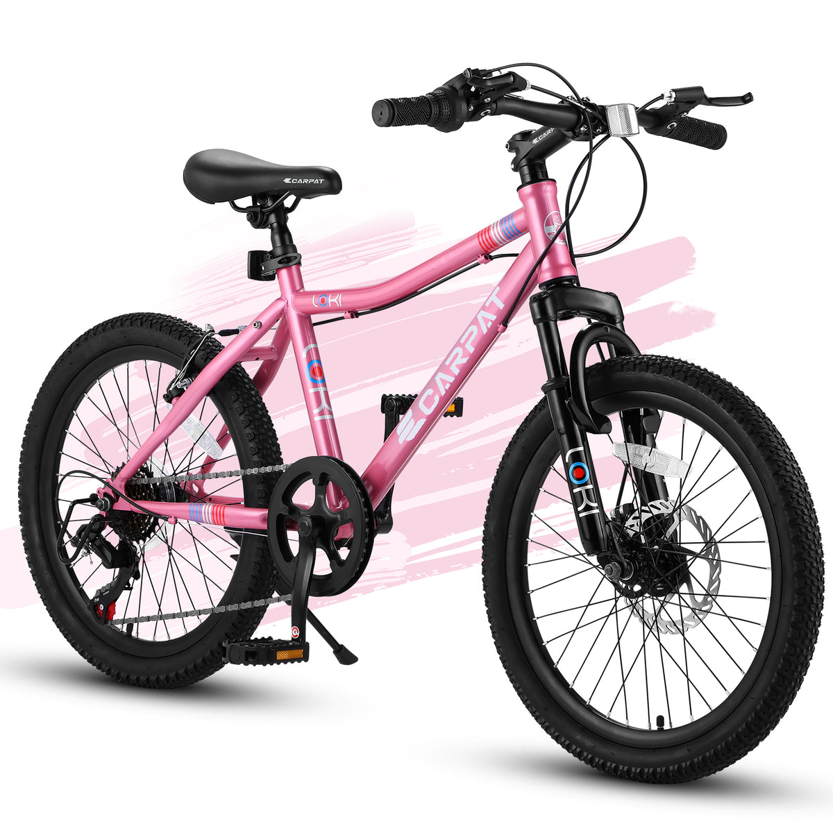 Ecarpat Kids' Mountain Bike 20 Inch, 7 Speed, Front Suspension, Pink Steel Frame