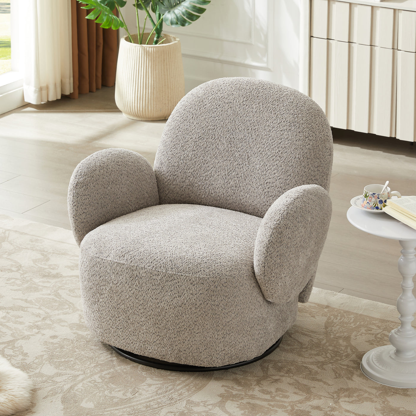 Accent Chair Swivel 360 Degree Fabric Gray Metal Frame 35x35x32 In