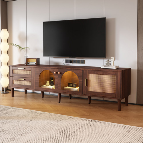 Dark Brown Rattan TV Stand with 3 Cabinets & 2 Drawers