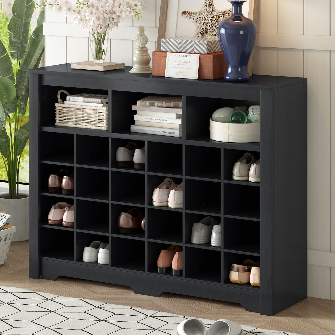 Modern Black Shoe Cubby Console Cabinet with Curved Base
