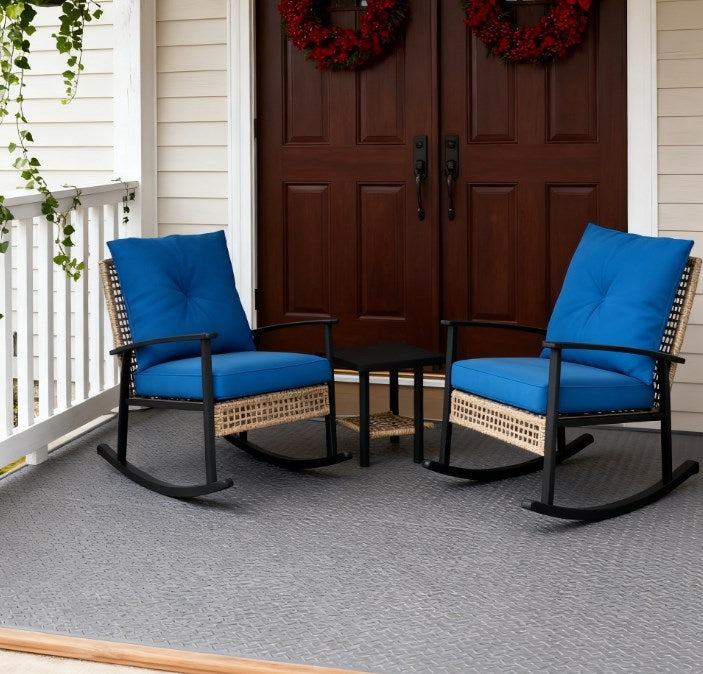 Outdoor Rocking Chair Set PE Rattan Steel Blue 3 Piece