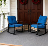 Outdoor Rocking Chair Set PE Rattan Steel Blue 3 Piece