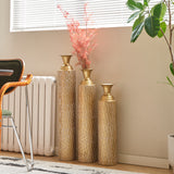 Set of 3 Gold Distressed Metal Vases with Vine Pattern 34