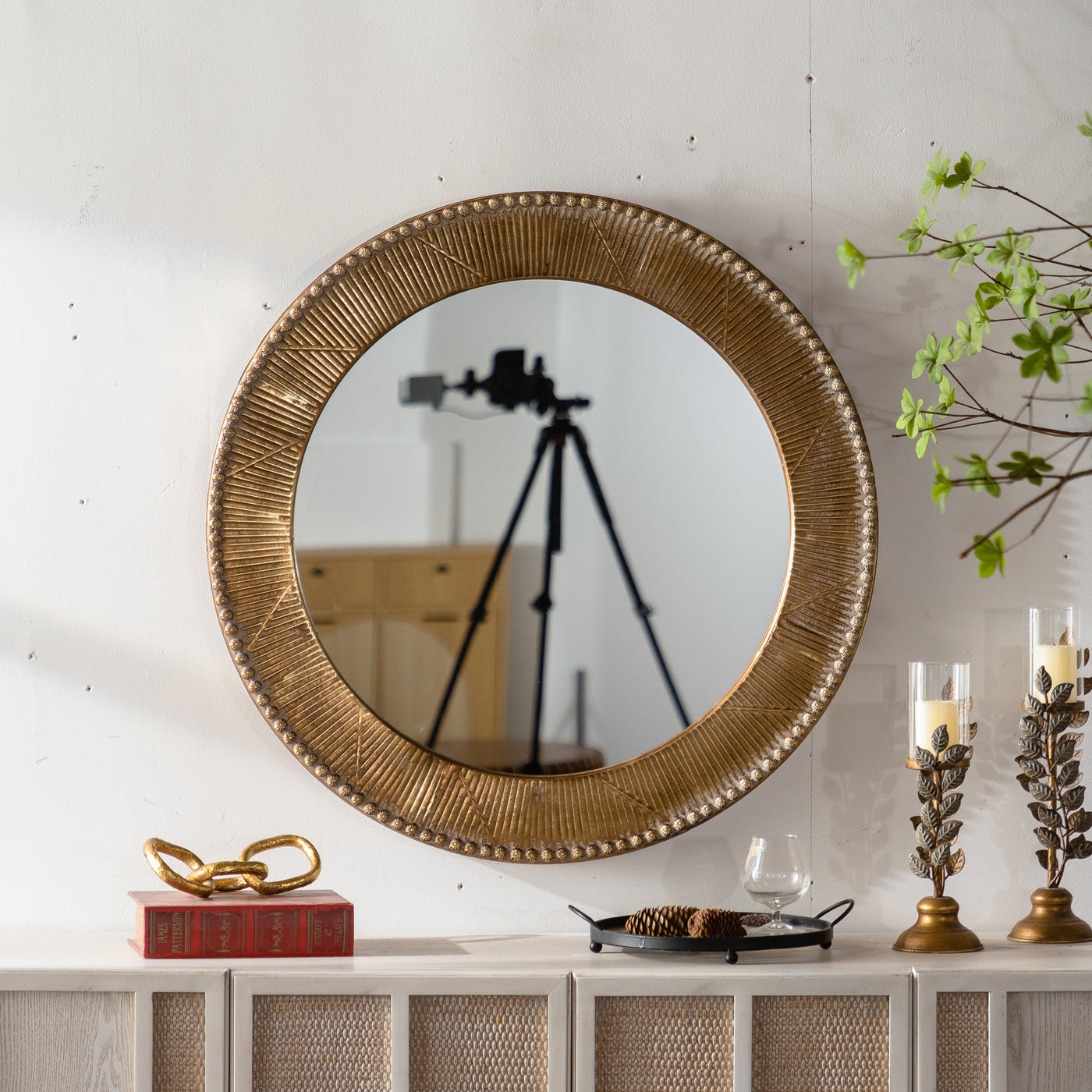 Wall Mirror Round Gold Textured Iron Frame Boho Vintage 31.3 In