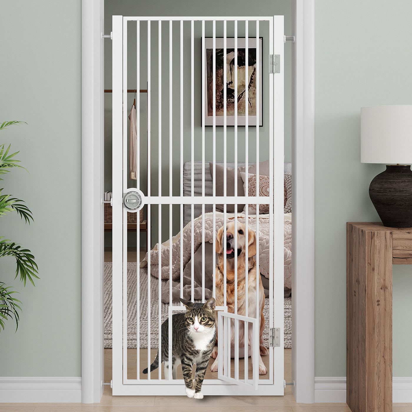 61' Extra Tall Cat Gate for Doorway, Adjustable Wide 30.2'-32.6' Dog Door with