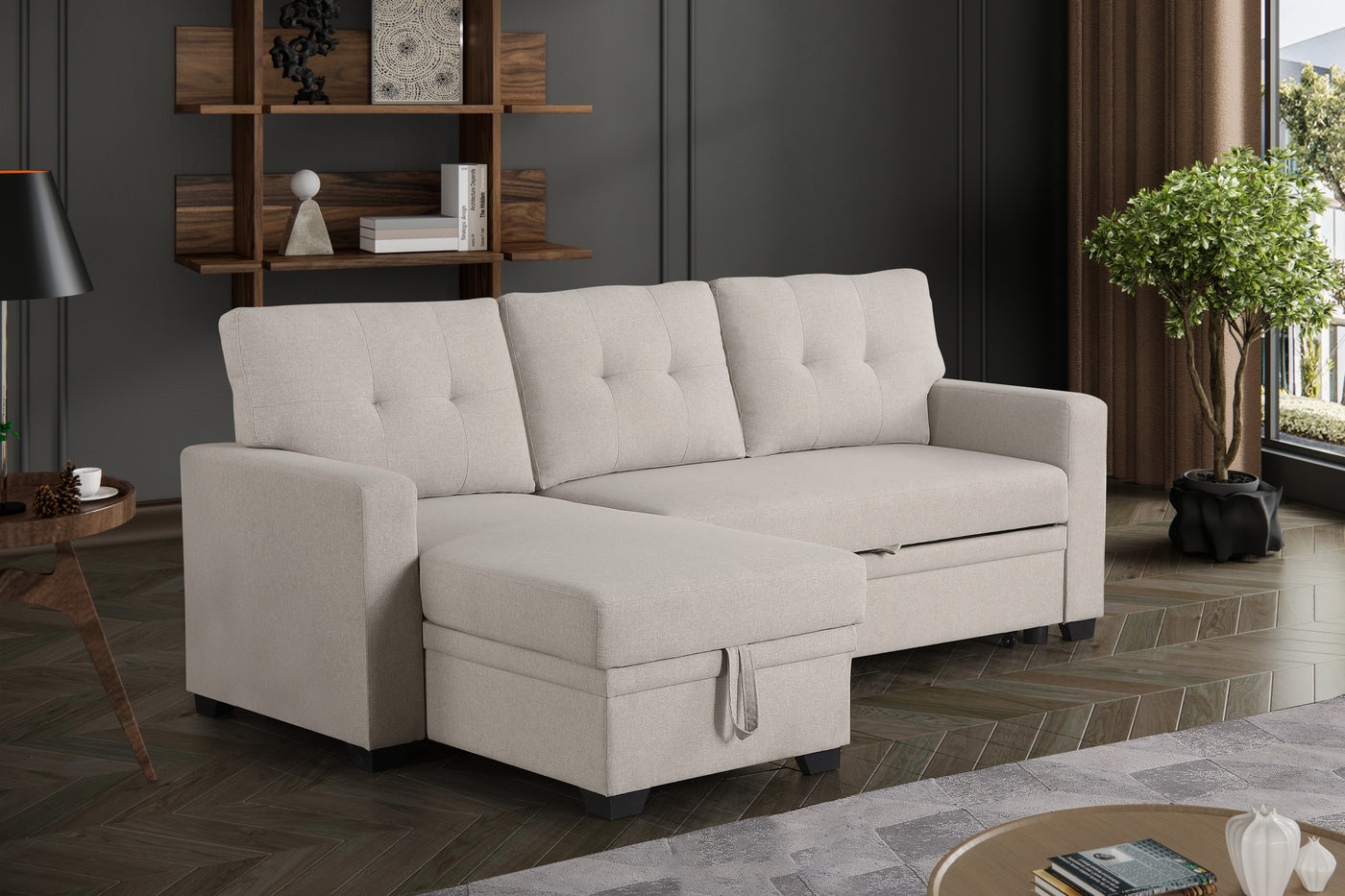 Convertible Upholstered Sectional Sofa with Pull-out Chaise