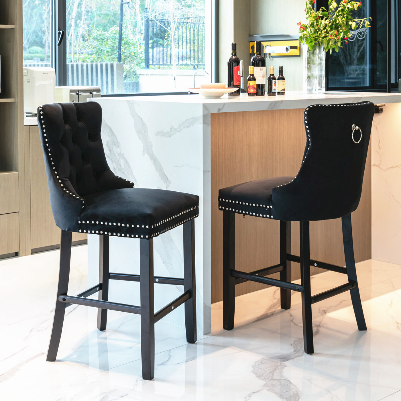 Contemporary Velvet Upholstered Barstools Button Tufted with Wood Legs, Set of 2, Black