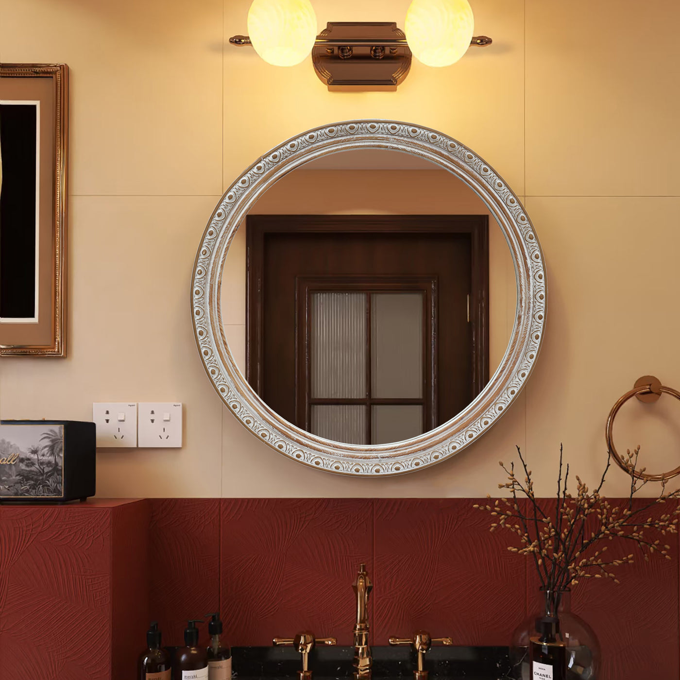 23.62" Round Wall Mirror Silver-Gold Carved Frame