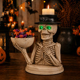 Halloween Skeleton Figurine with Storage Bowl & Candle Holder, Spooky Halloween