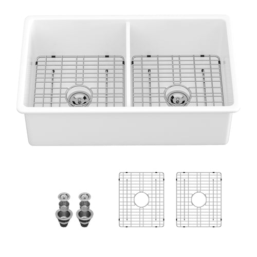 White Porcelain Fireclay Double Bowl Undermount Sink 32x19x10