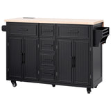 K&K 56.5'' Kitchen Island with Drop Leaf, Power Outlet, Embossed Vertical Stripe