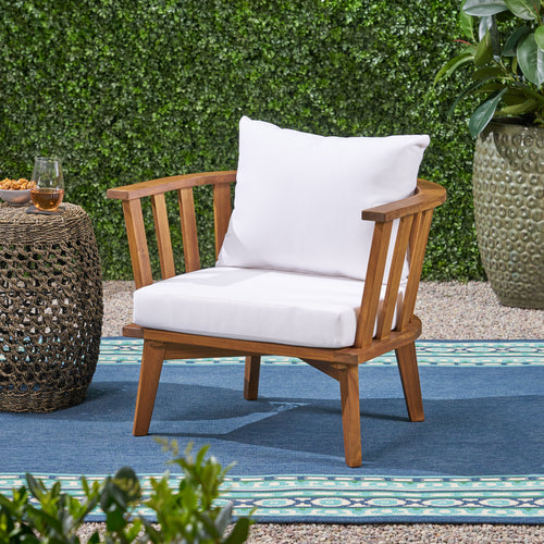Outdoor Club Chair Acacia Wood White Water-Resistant Cushion 32x27x25.5 In