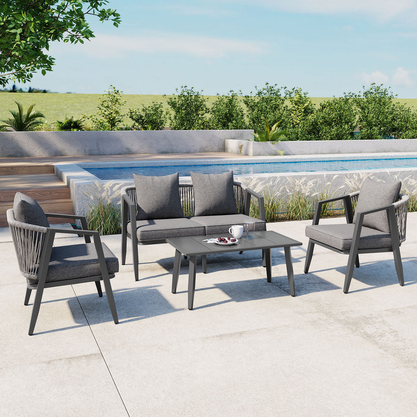 Outdoor Seating Set Iron Gray 4 Piece Bench 2 Chairs Table Seats 4