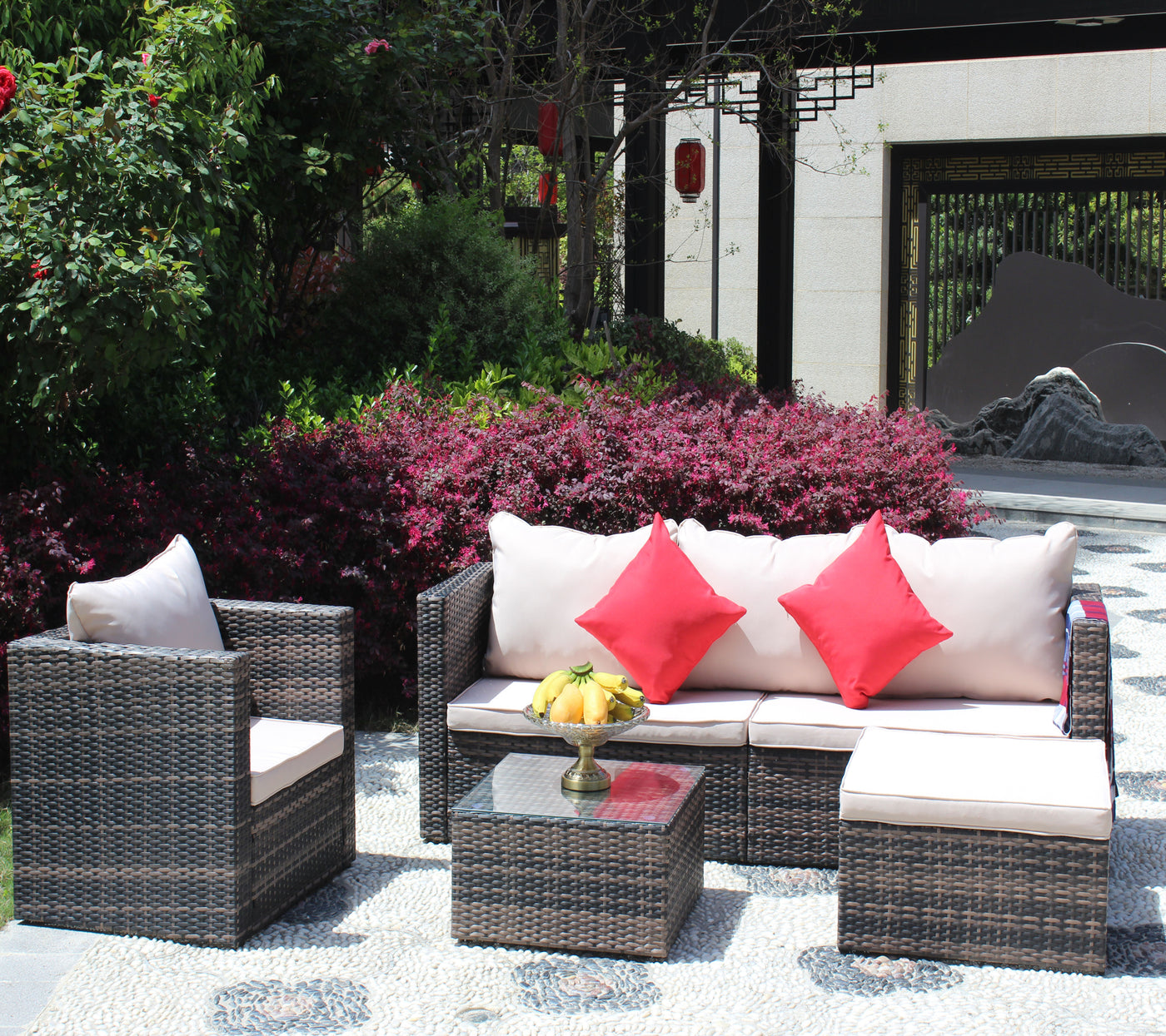 4-Piece Brown Rattan Wicker Cushioned Sectional Patio Set