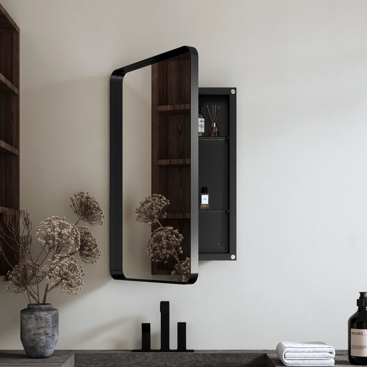 20x30 Inch Recessed Black Metal Framed Medicine Cabinet with Mirror