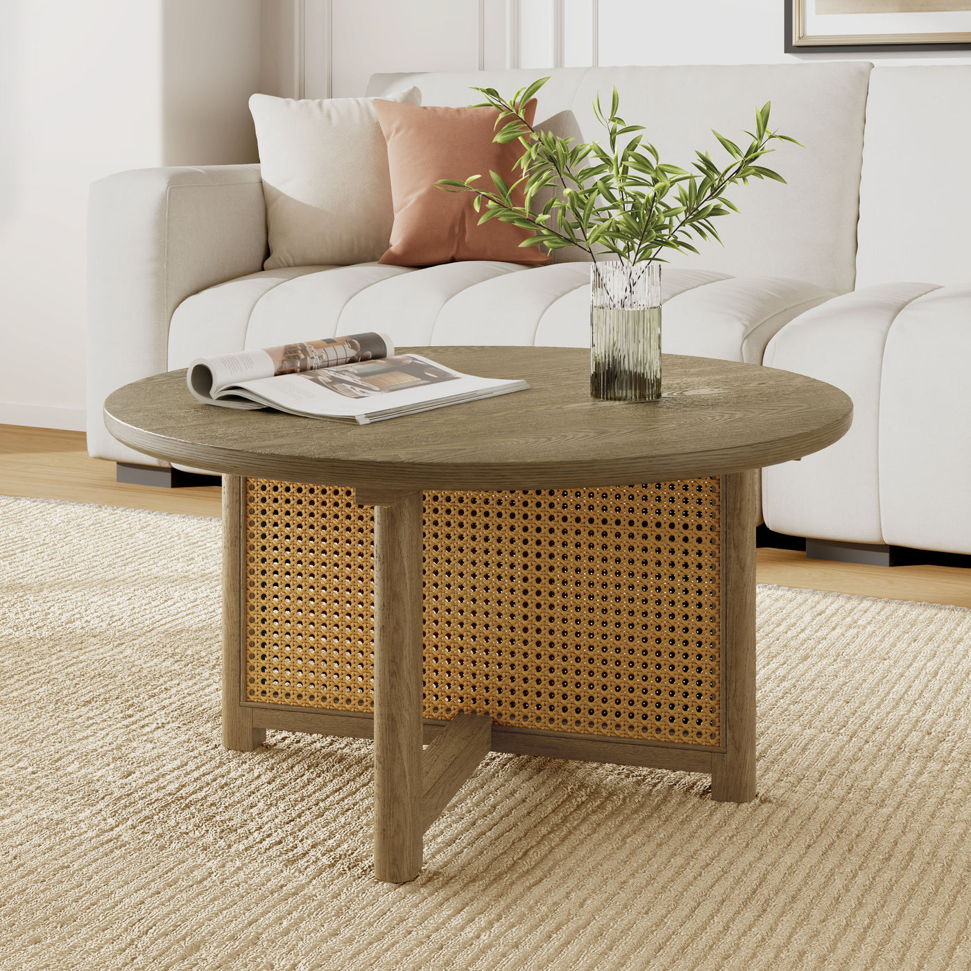 32" Round Rattan Woven Coffee Table
