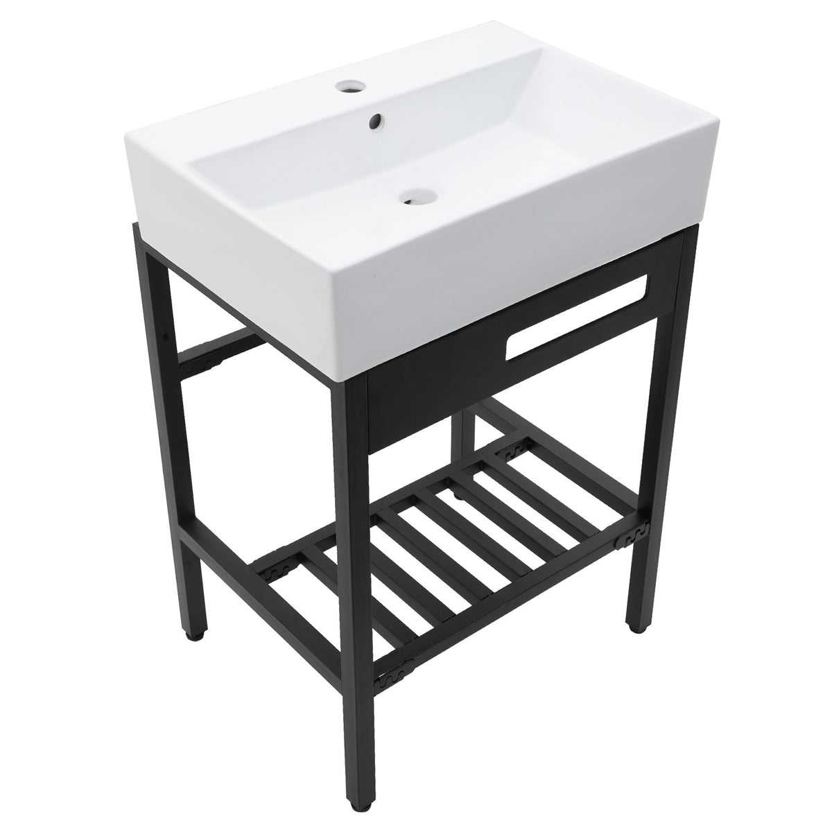 White Ceramic Console Sink with Black 304 Stainless Steel Legs, 24' x 16.75', Wa