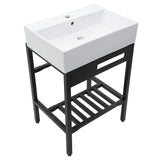 White Ceramic Console Sink with Black 304 Stainless Steel Legs, 24' x 16.75', Wa