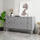 Vintage Black Oak 4-Door Cabinet w/ Hand-Carved Geometric Doors