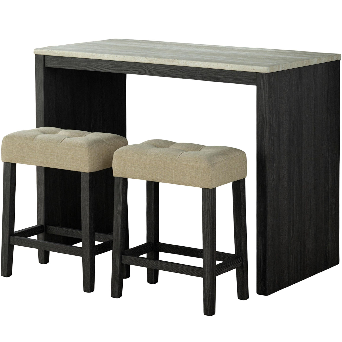 Two-Tone Black Dining Table Set with Beige Tufted Stools