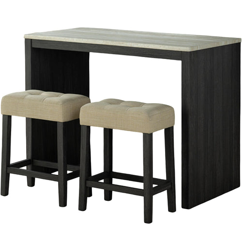 Two-Tone Black Dining Table Set with Beige Tufted Stools