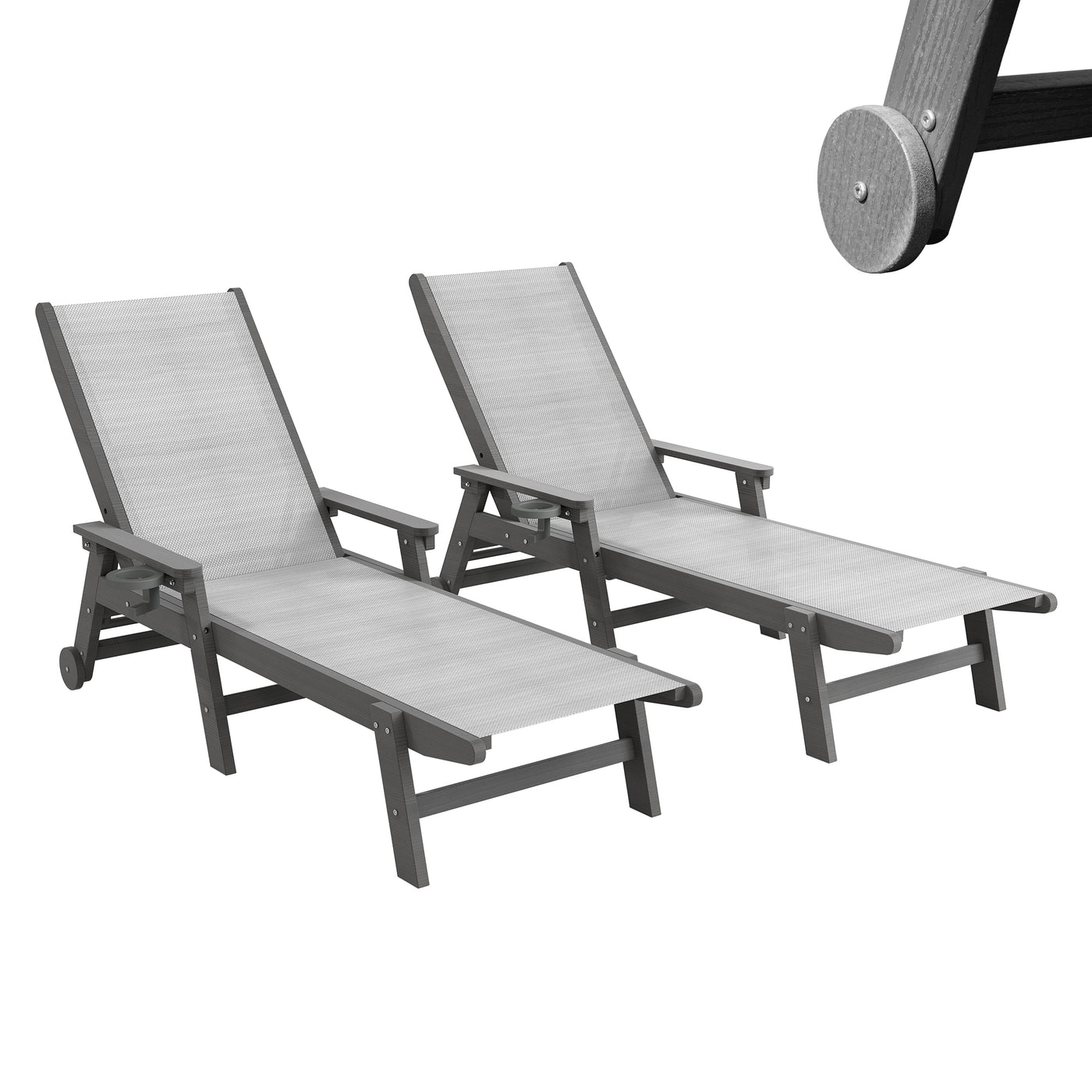 Set of 2 Grey HDPE Patio Lounge Chairs with Wheels