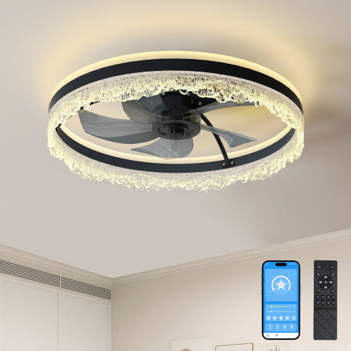 Ceiling Fan with LED Light - Crystal Flush Mount - Black - 20"