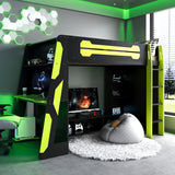 Twin Size Wood Loft Bed with Desk, Multi-storage Shelves and RGB Light, Green
