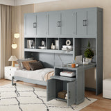 Twin Size Murphy Bed Wall Bed with Closet , Drawers & Desk-Gray(OLD SKU:LP000595AAE)