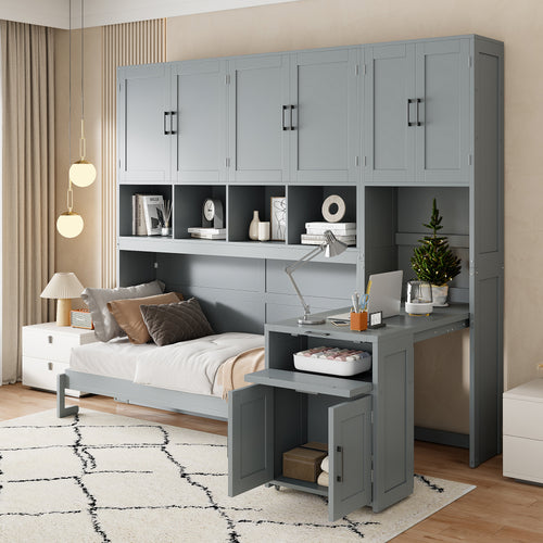 Twin Size Murphy Bed Wall Bed with Closet , Drawers & Desk-Gray(OLD SKU:LP000595AAE)