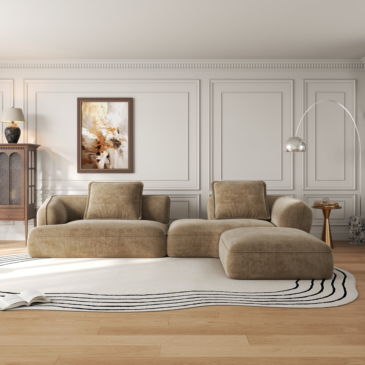 Sectional Sofa L-Shape Deep Seat Polyester Off-White 4 Seat 122 In