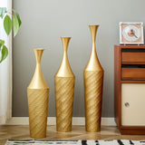 Set of 3 Gold Metal Floor Vases, Modern Textured Decor