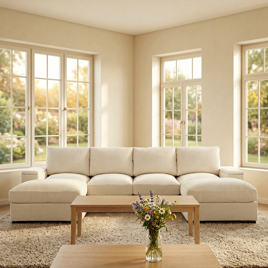 Sectional Sofa U-Shape Corduroy Beige 4 Seat 122 In 2 Ottomans