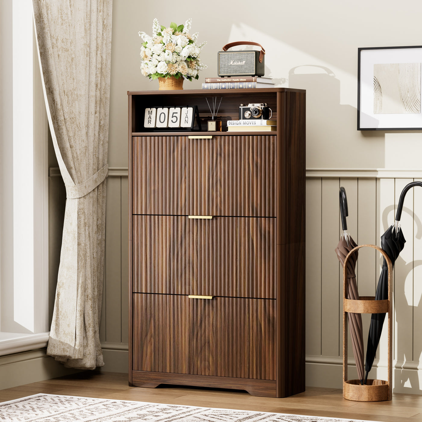 Walnut Shoe Cabinet Storage Organizer 31.6"L x 54.4"H