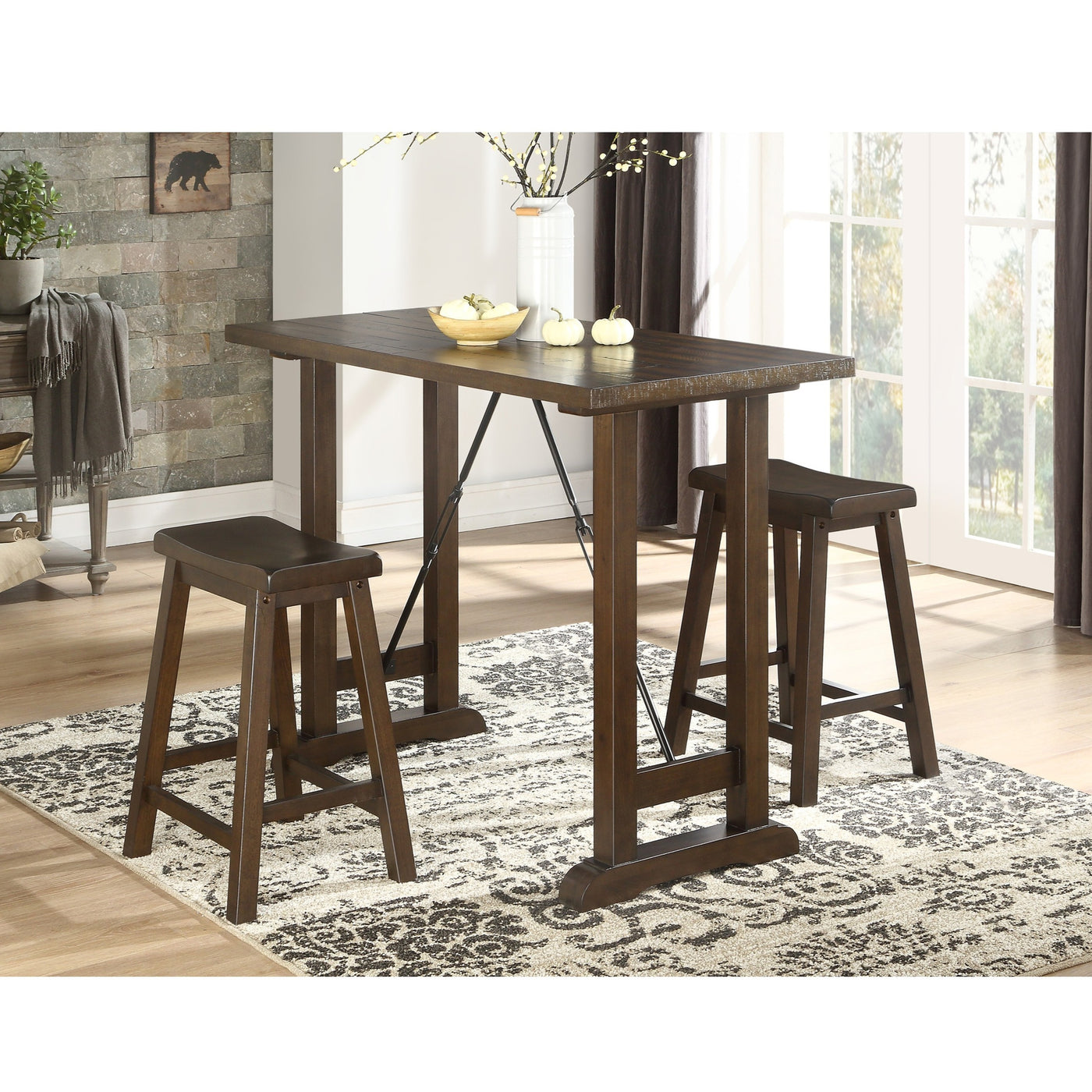 3-Piece Counter Height Dining Set with Stools Brown Cherry