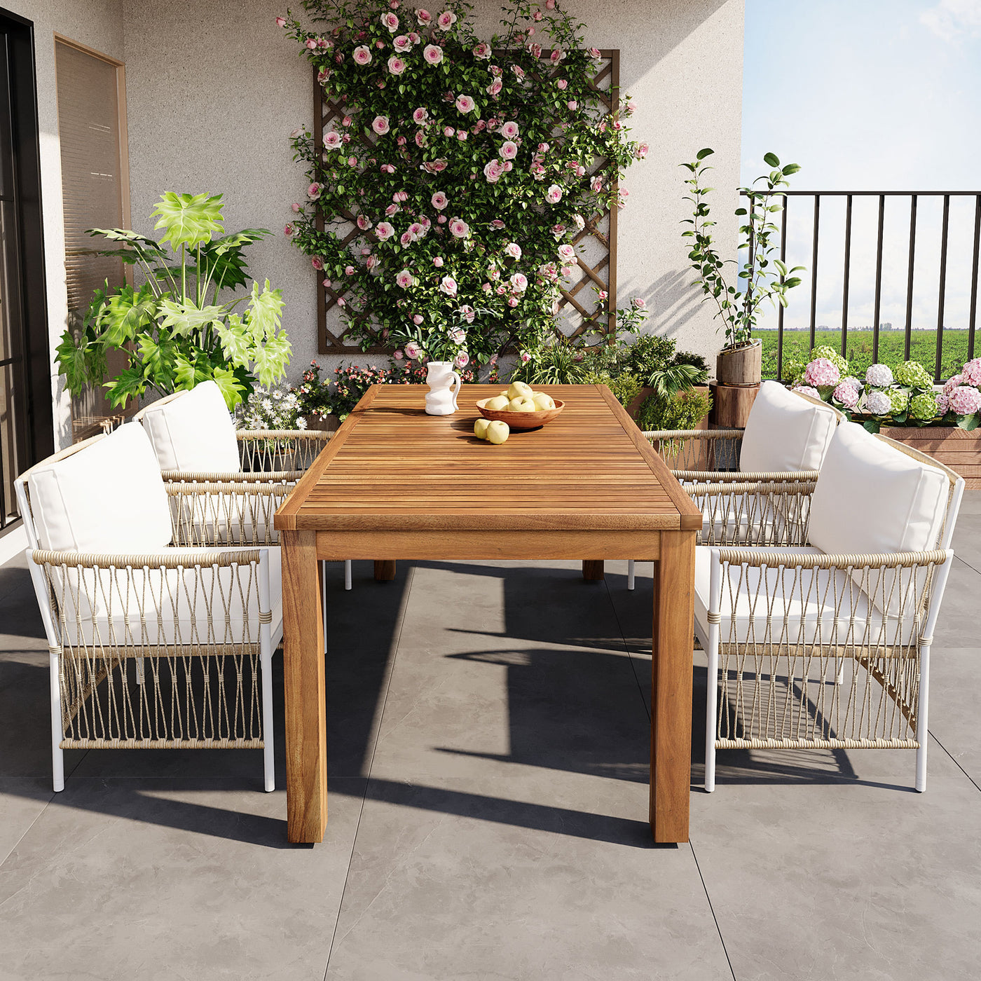 5pc Wooden Dining Table Set with 4 Rattan Chairs 67"L