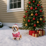 Christmas Pug Statue, Holiday Dog Figurine in Pink Santa Outfit
