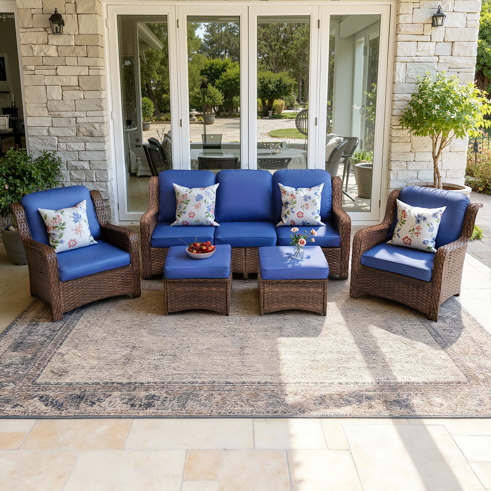 Patio Rattan Outdoor Sectional Set 3 Seat Couch 2 Chairs 2 Ottomans Gray Navy
