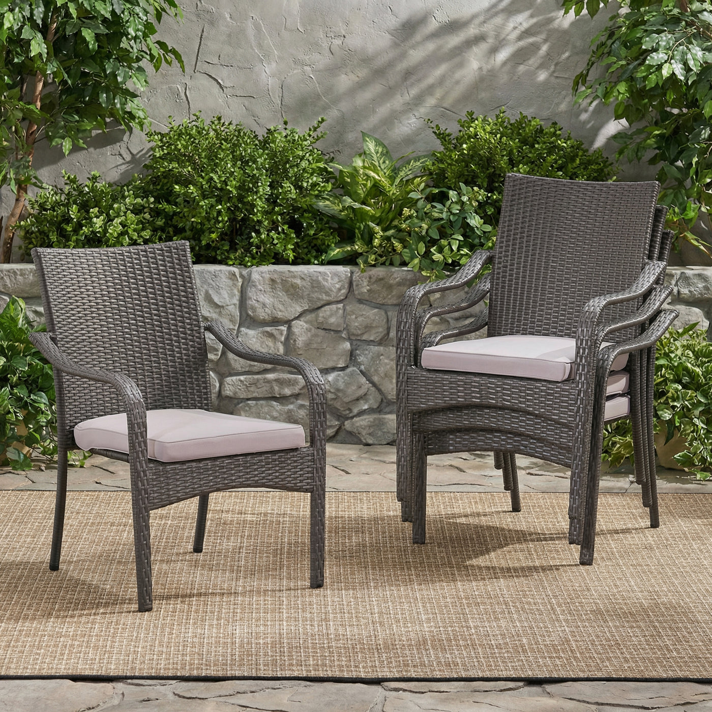Set of 4 Grey Wicker Stacking Chairs with Cushions