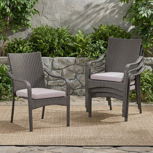 Set of 4 Grey Wicker Stacking Chairs with Cushions