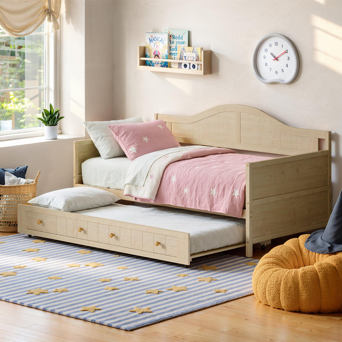 Twin Solid Wood Daybed with Drawer Rolling Trundle, Multi-Purpose Single Sofa Be