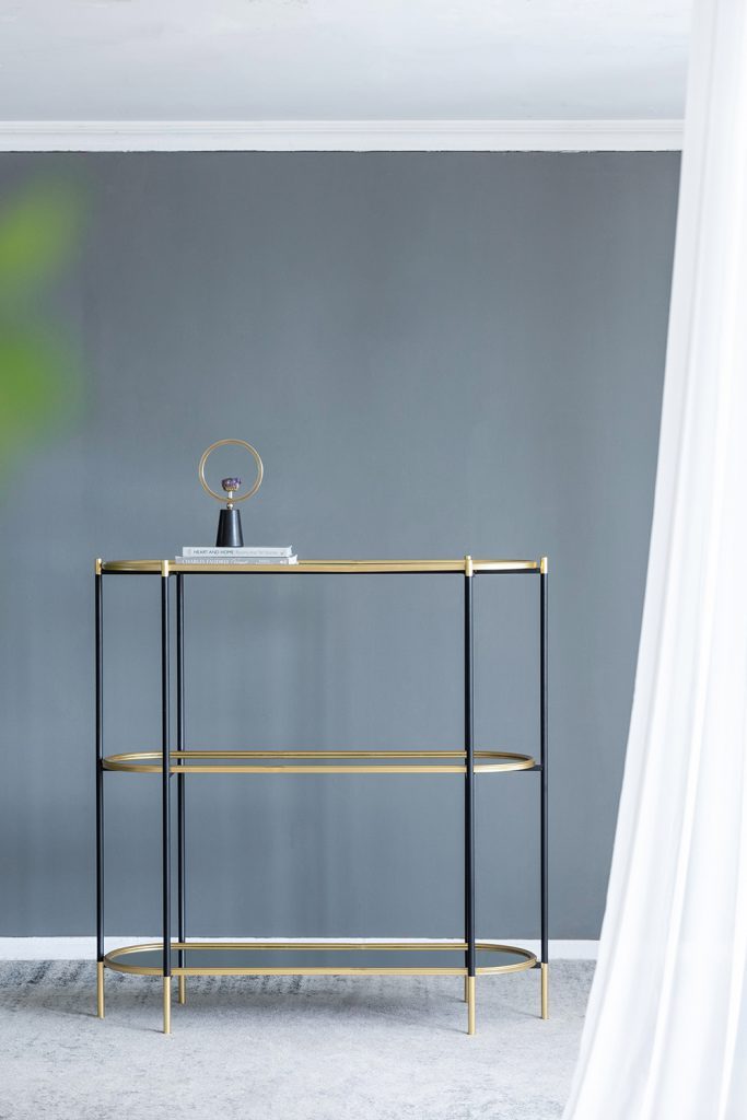 3-Tier Metal Console Table 48.5x16.5x50" Black Gold Mirrored