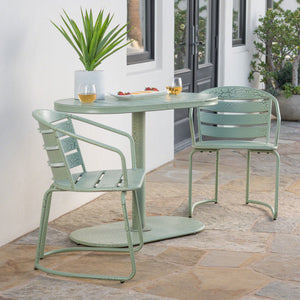 Outdoor Bistro Set Iron Green 3 Piece Oval Table 2 Chairs Matte Finish